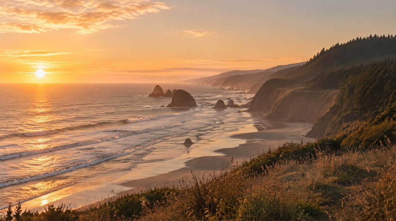 A person painting at an easel on a grassy clifftop above the ocean at sunset
